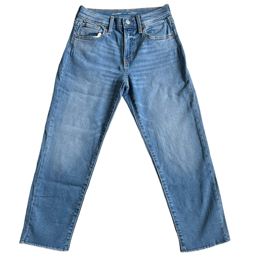 Old Navy OG Straight High Rise Jeans Girls Size 10 Cut-off Blue Medium Wash